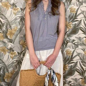 Ruffle Cotton Tank Top with Beautiful Shell Buttons - Large